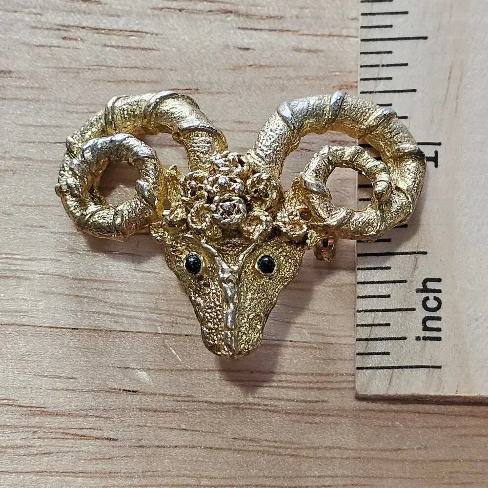 Vintage Gold Ram's Head Brooch with Ornate Twisted Horns